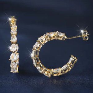 18k Gold Plated White Diamond Hoop Earrings